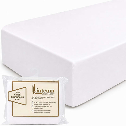 Linteum Textile Supply Title: Linteum Textile Premium White Jersey Knit Baby Crib Fitted Sheet - 100% Cotton, Ultra