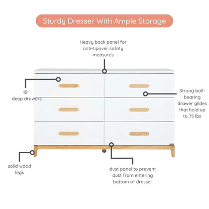 dadada LaLa 6-Drawer, Wide Dresser for Nursery, Deep Drawers, White/Natural (photo 3)