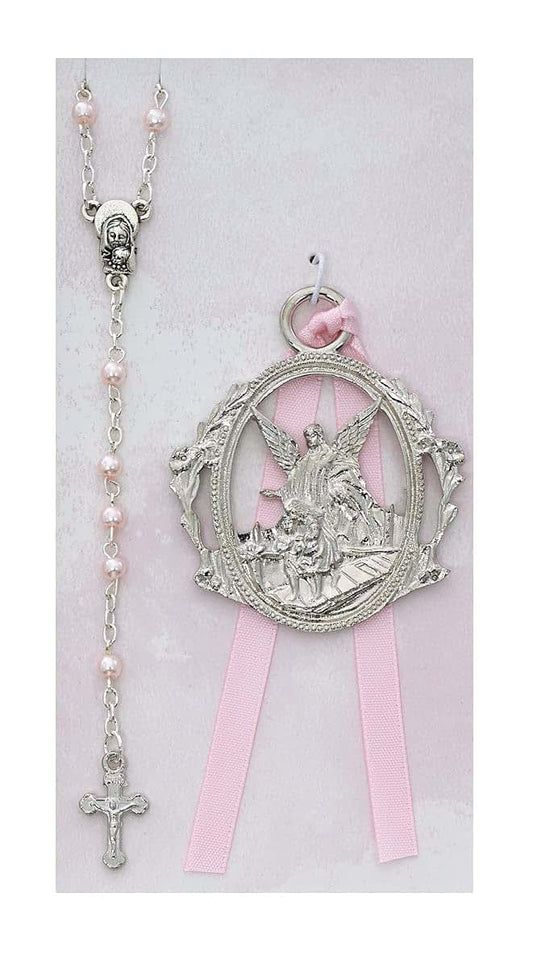 CatholicStore Girl's Guardian Angel Crib Medal & Rosary Set, Pink Ribbon