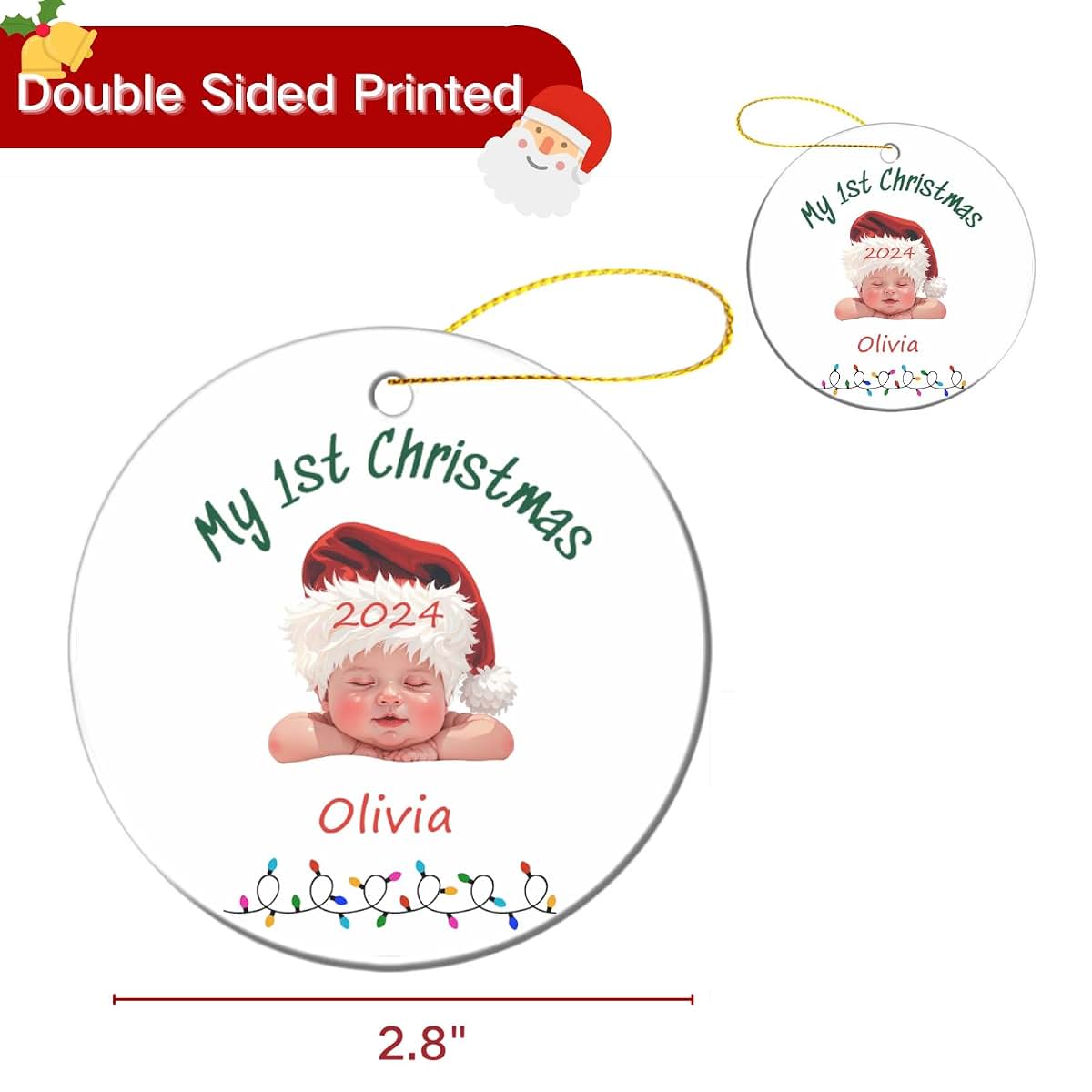 Bdbacxas Personalized Baby First Christmas Ornament,Custom Baby's 1st Christmas Tree Decor Round Ceramic Ornament for (photo 2)