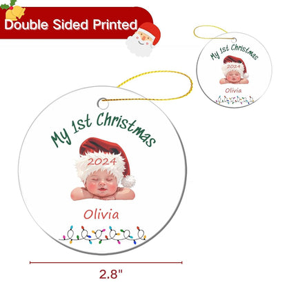 Bdbacxas Personalized Baby First Christmas Ornament,Custom Baby's 1st Christmas Tree Decor Round Ceramic Ornament for (photo 2)