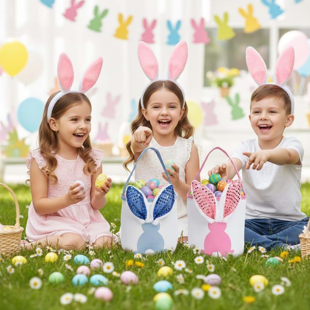 Oubrelu 2 Packs Easter Bunny Baskets With Handle Gift Tote Bags (photo 3)