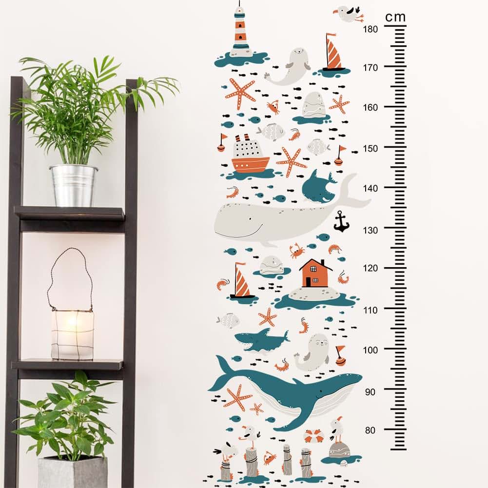 Condessacity Watercolor Ocean Fish Height Chart Wall Stickers