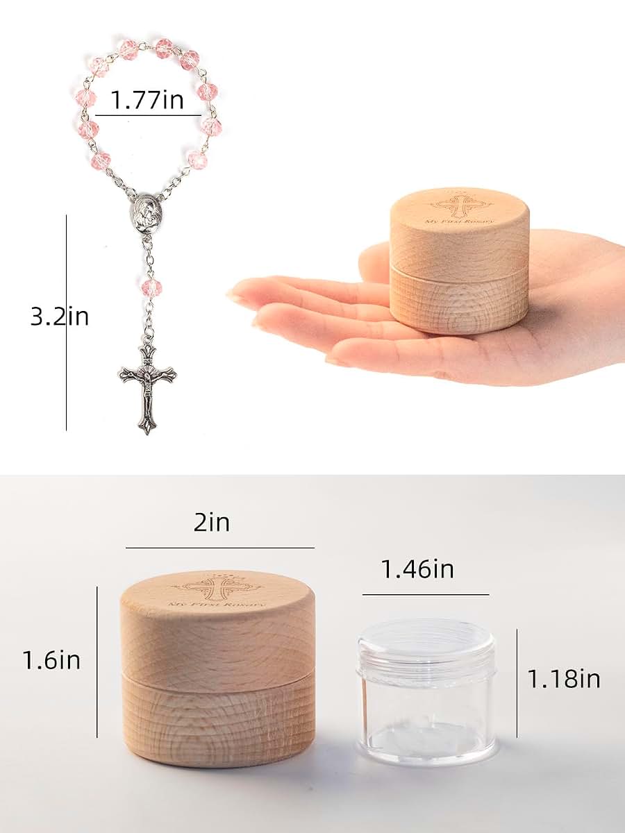 iwoohome Baptism Gifts for Baby Girl, My First Rosary Wood Keepsake Box +Pink Rosary (photo 3)