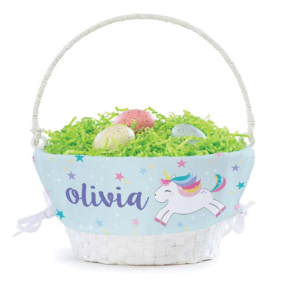 Personalized Planet Rainbow Unicorn Personalized Easter Egg Basket with Handle and Custom Name | Blue Easter Basket