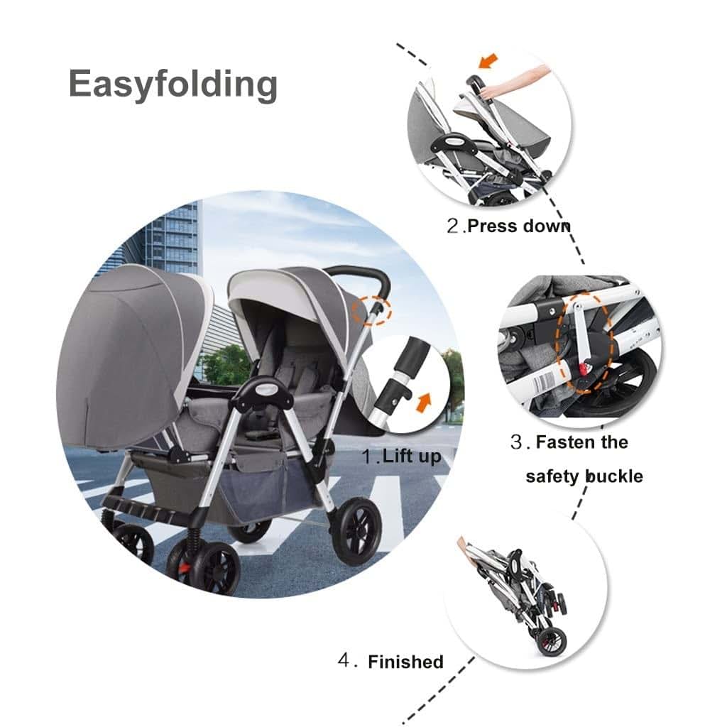 TXTC Double Tandem Stroller in Gray, Foldable Two-Seater Pushchair (photo 3)