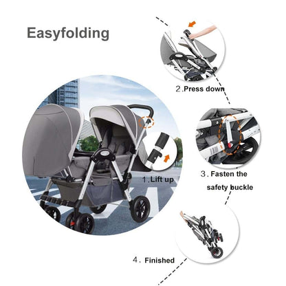 TXTC Double Tandem Stroller in Gray, Foldable Two-Seater Pushchair (photo 3)