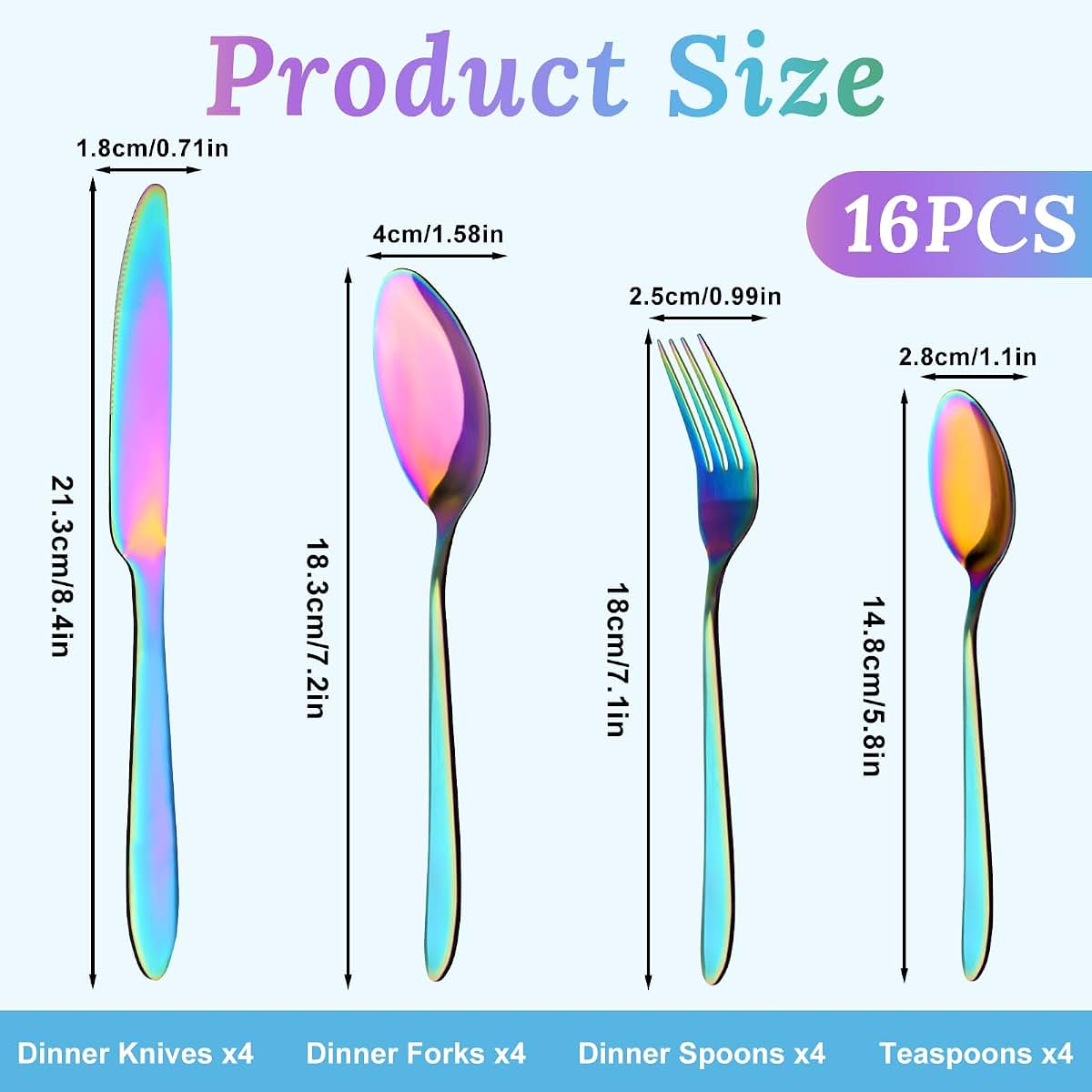 16-Piece Rainbow Stainless Steel Flatware Utensil Set for Dining