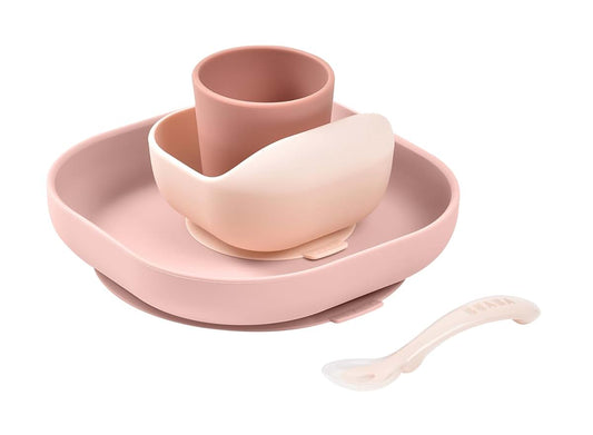 Béaba BEABA 100% Silicone 4-Piece Baby Feeding Set, Suction Plates for Baby, Made w/High Grade Food Safe Silicone, Rose