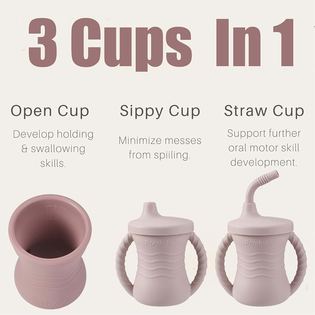 PandaEar Silicone Baby Sippy Cups 2-Pack 3-in-1 Training Set, 5oz, Pink