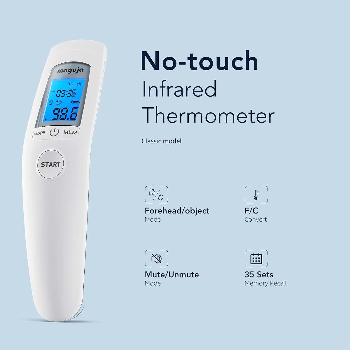 maguja Touchless Infrared Forehead Thermometer with 3-in-1 LCD Display and Fever Alarm