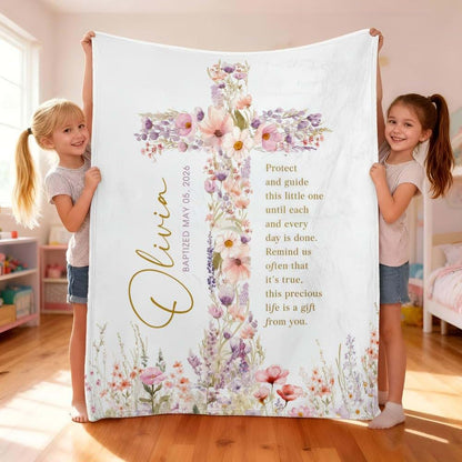 ZEBRA88 Personalized Baptism Blanket for Girl, Custom Floral Cross Christian Blanket, Catholic Christening Throw (photo 2)
