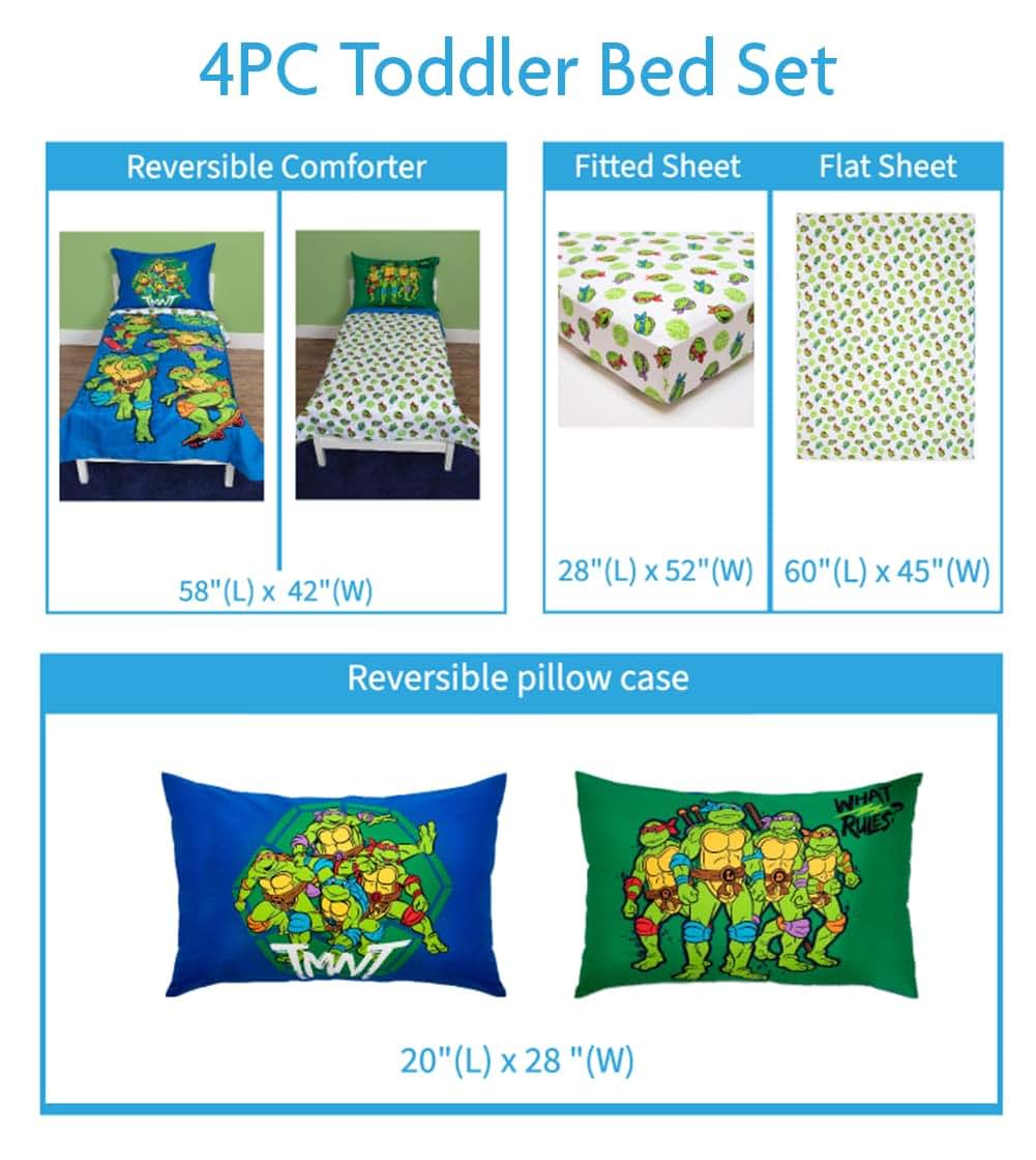 TEENAGE MUTANT NINJA Turtles 4 Piece Toddler Bedding Set – Includes Comforter, Sheet Set – Fitted + Top Sheet + (photo 2)