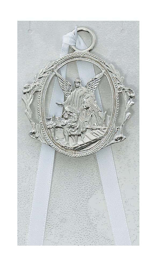 CatholicStore Guardian Angel Crib Medal with White Ribbon, Fine Pewter, 2-1/2"