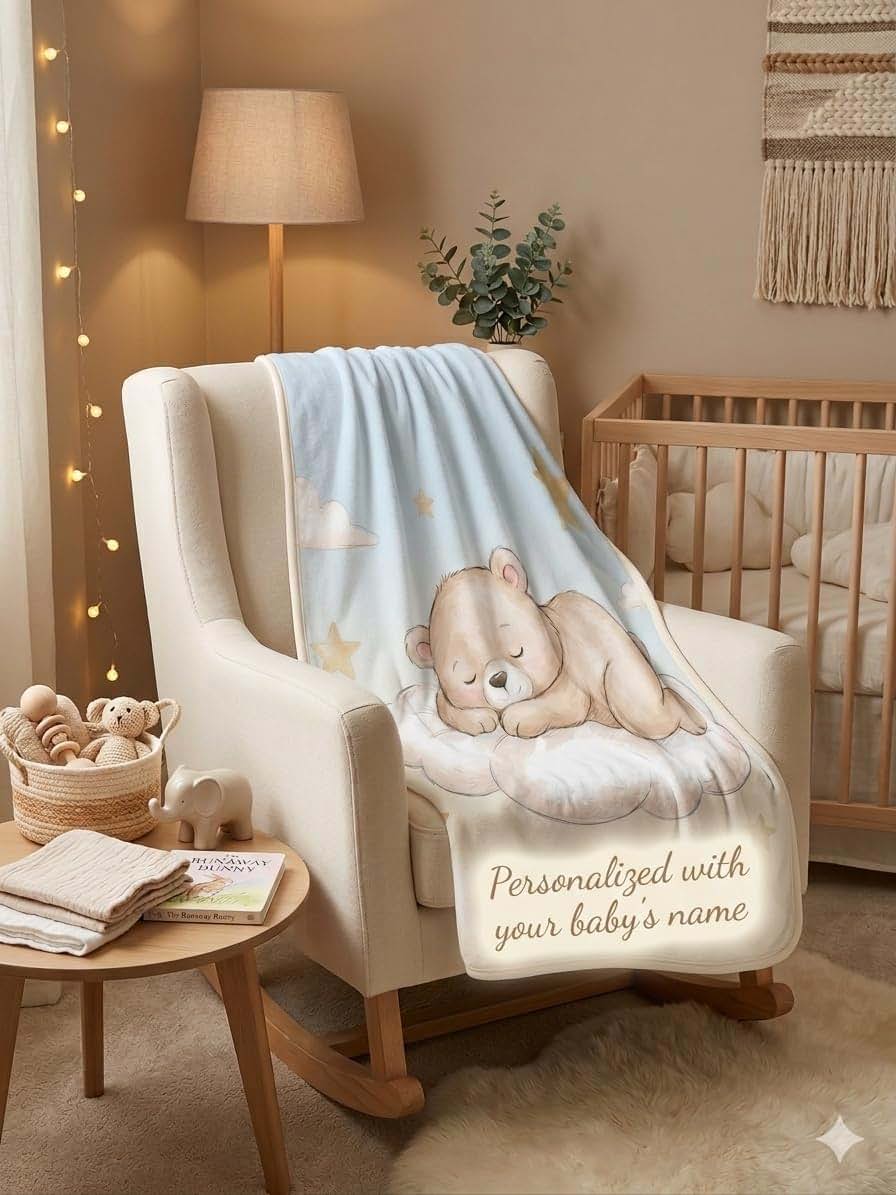 EcoAbu Personalized Baby Blanket with Name, Sleeping Bear Plush Fleece Throw 50x60, Custom Newborn Gift, Soft Nursery (photo 3)