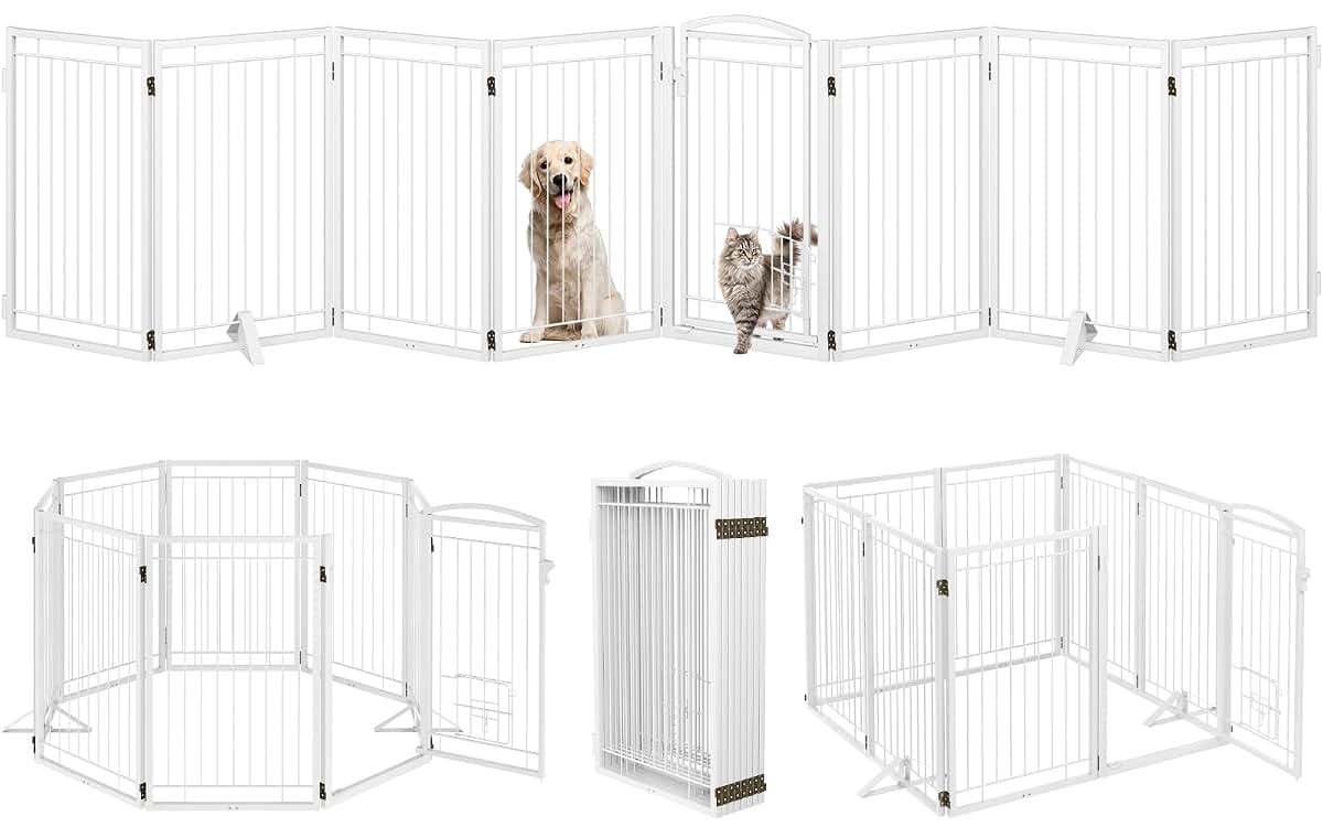 Klarana Full Metal Freestanding Dog Gate With Cat Door, 32" Tall, 160" Wide, White