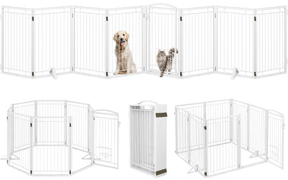 Klarana Full Metal Freestanding Dog Gate With Cat Door, 32" Tall, 160" Wide, White