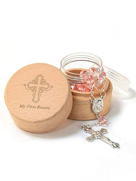 iwoohome Baptism Gifts for Baby Girl, My First Rosary Wood Keepsake Box +Pink Rosary