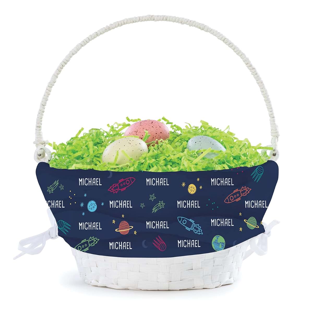 Personalized Planet Space Theme Personalized Easter Egg Basket with Handle and Custom Name | Spaceship Easter Basket