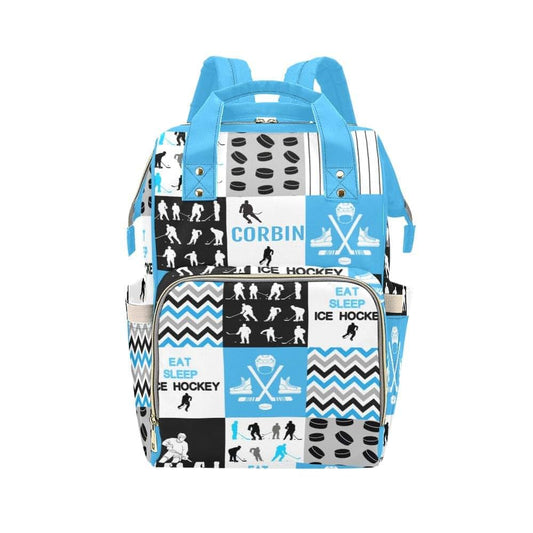 NZOOHY Personalized Diaper Bag,Ice Hockey Patchwork Blue Custom Name Shower Gift Diaper Backpack Baby Nappy Bag Mommy