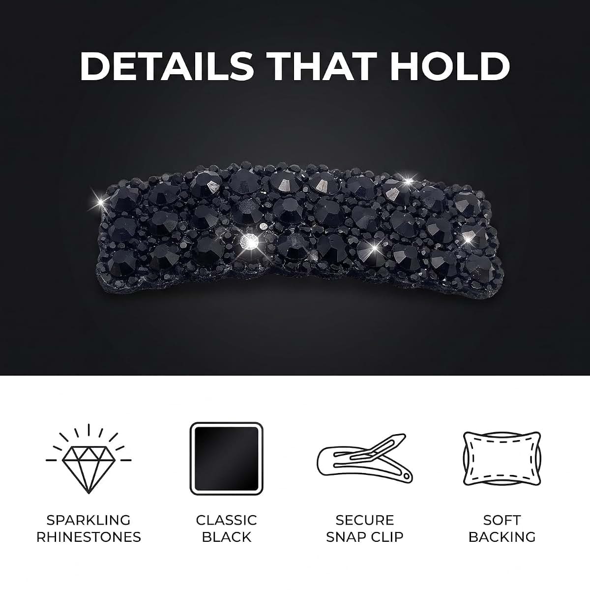 Tustao 2Pcs Black Rhinestones Snap Hair Clips