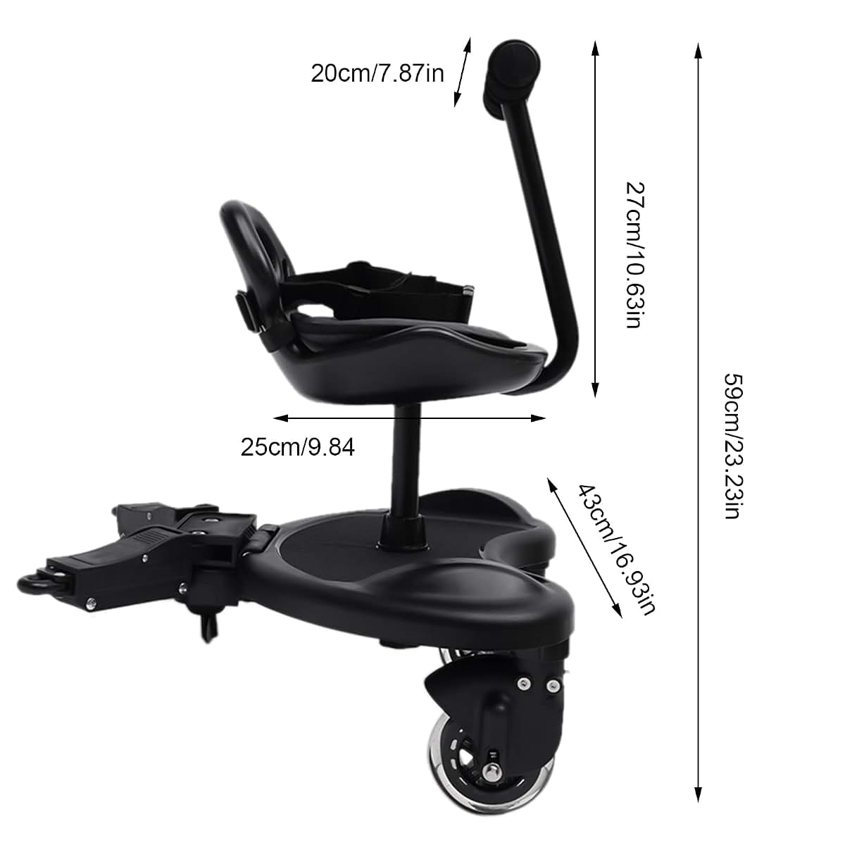 Universal Stroller Board with Detachable Seat, Adjustable Rod, 2 Shock-Absorbing Wheels, 55.12 lb Capacity