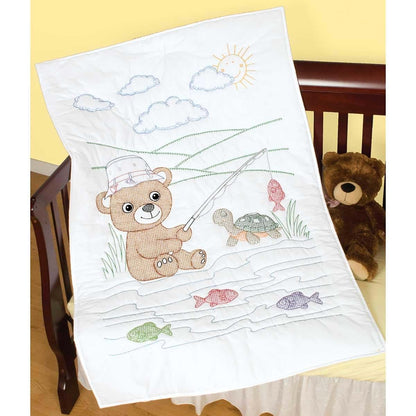 Jack Dempsey Needle Art Fishing Bear Crib Quilt Top