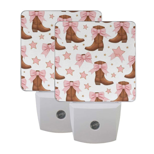 Aslsiy Cowgirl Boots LED Night Light with Pink Bow, 2-Pack Plug-in Dusk to Dawn Sensor