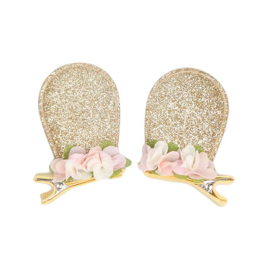 JustMyDress Bunny Bow Hair Clips Hairpins Baby Girls Rabbit Ear Tiny Hair Clips Easter Gift JHE16 (Flower-Gold Ear)