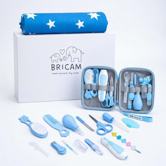 Bricam Baby Grooming Kit - Newborn Essentials & Care Kit with Changing Mat, Brush, Comb, Clippers & Travel Case (Blue)