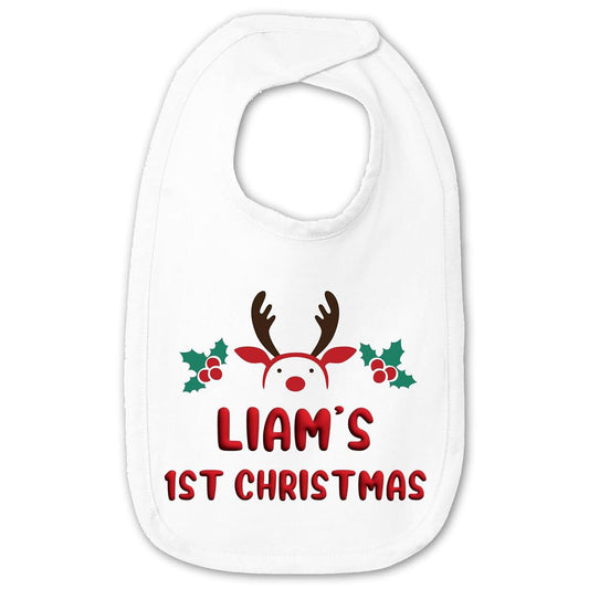 Smiling Jindo Personalized Christmas Baby Bib, Premium Jersey Reindeer Bib with Custom Text, Baby's First Christmas Gift