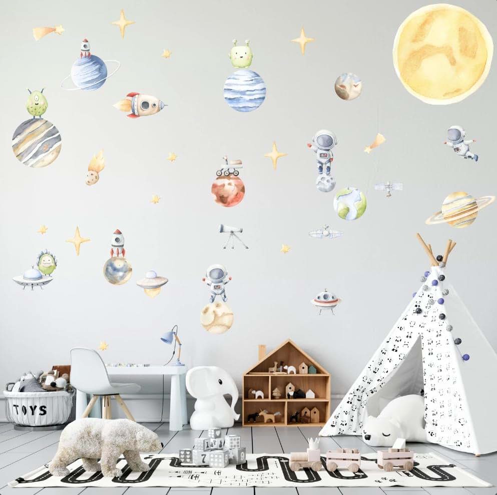 BabyOneStop Space Wall Decal for Kids Room, Solar System Planets Rocket Vinyl Mural, Large