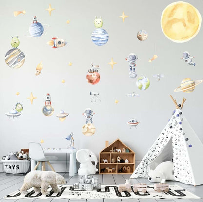 BabyOneStop Space Wall Decal for Kids Room, Solar System Planets Rocket Vinyl Mural, Large