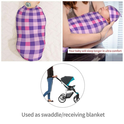 Muishi Purple Gingham Newborn Swaddle Blanket and Hat Set