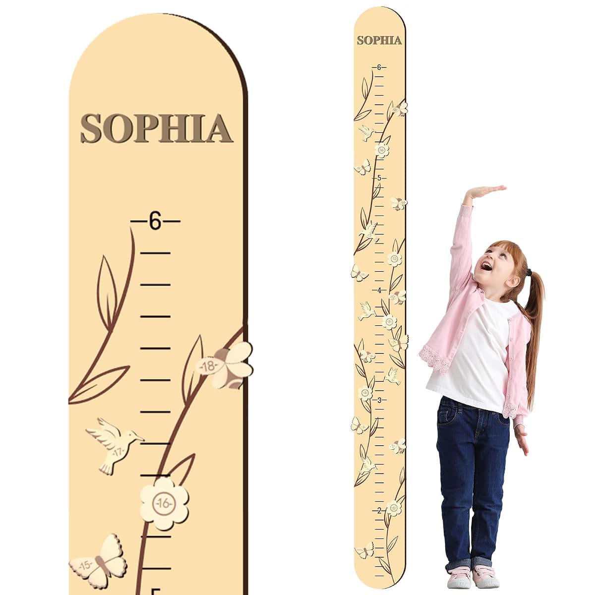 DoubleFill Kids Wood Growth Height Chart for Wall, Leaf Pattern, 63 x 5.5 Inch