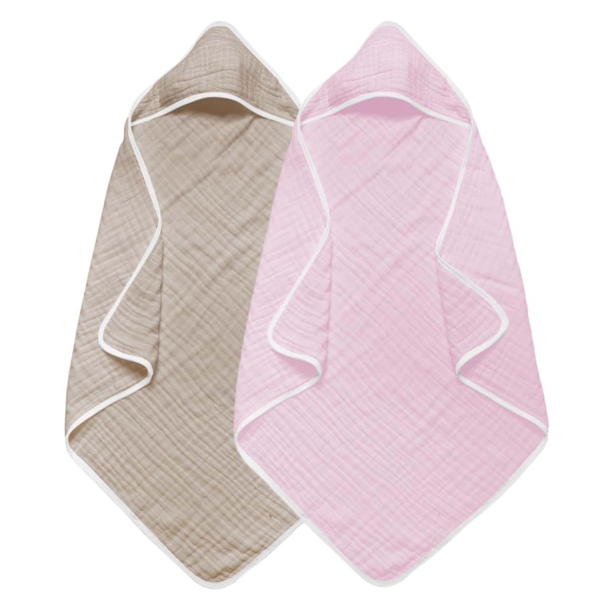 Arnzion Baby Hooded Bath Towels 2 Pack, Brown & Pink Muslin Cotton, 32x32 Inch