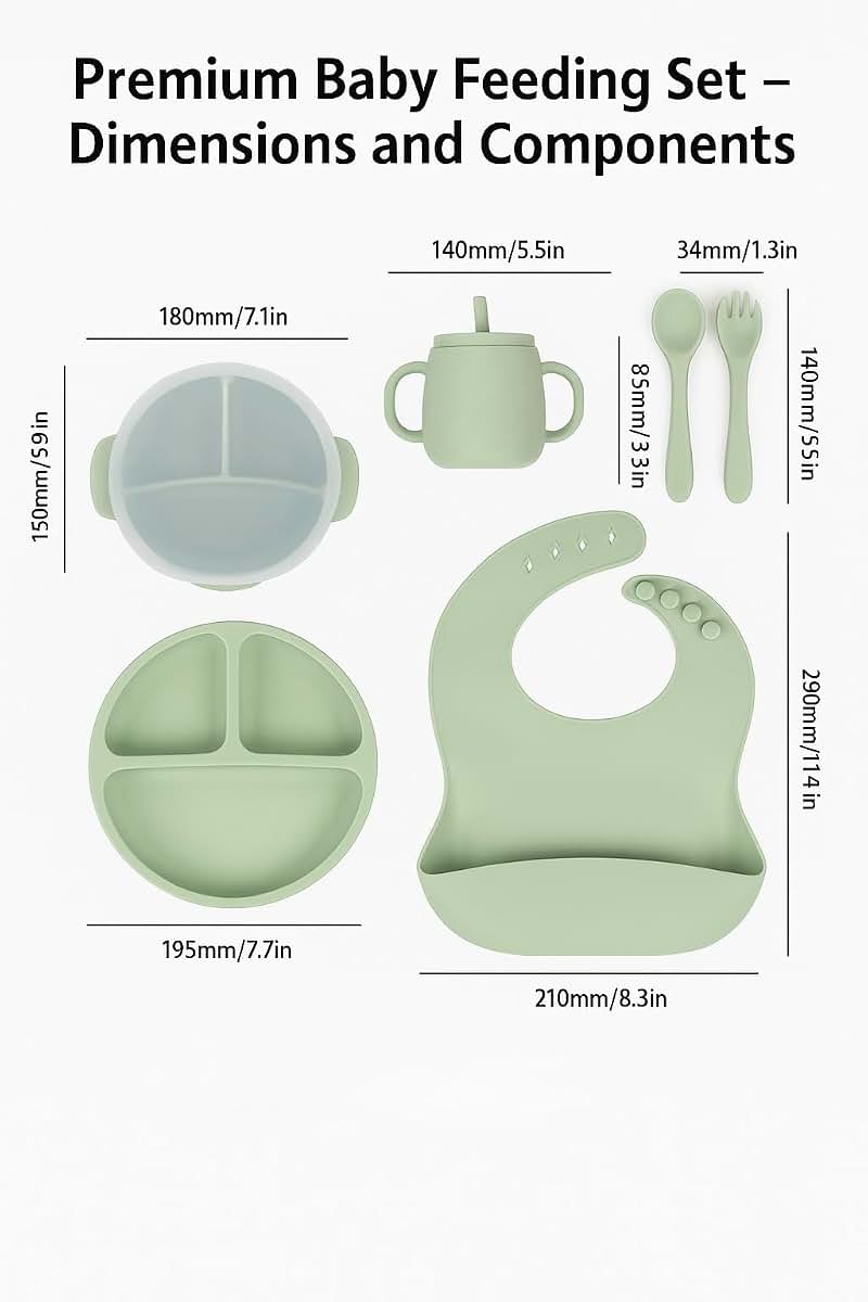 KT-Hudson Home 7-Piece Silicone Baby Feeding Set with Suction Plate and Bowl - Green (photo 3)