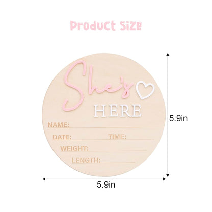 She's Here Wooden Sign - Gender Reveal Birth Announcement Board, Newborn Photo Prop