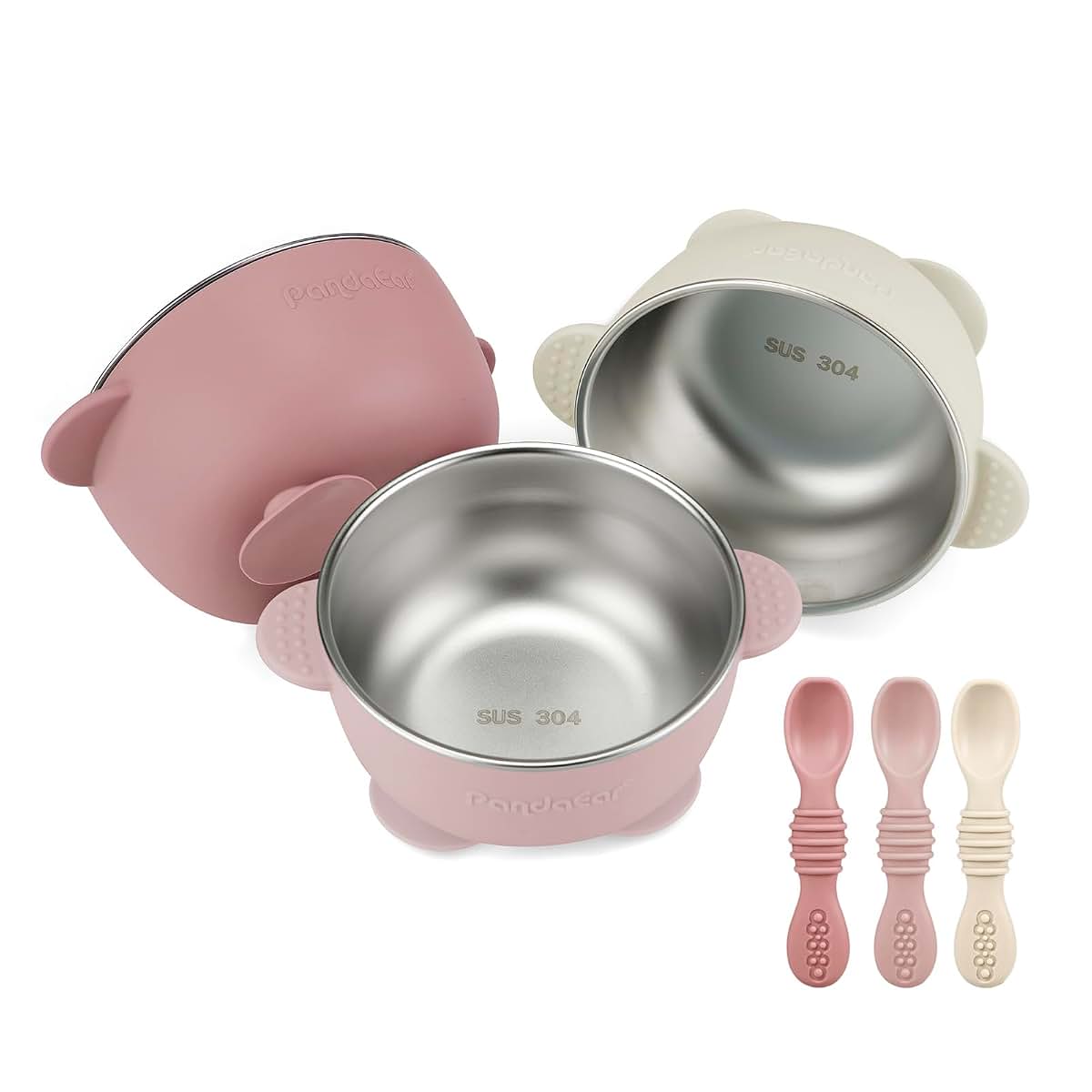 PandaEar 3 Pack Stainless Steel Suction Baby Bowls & 3 Silicone Feeding Spoons, Pink White