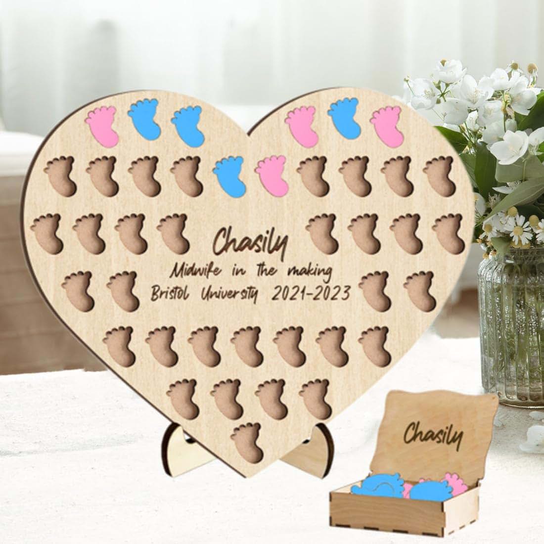 Condlin Personalised Student Midwife Birth Counter Sign with 50 Baby/Feet/Heart/Spaces Custom Name Degree Midwife Catch