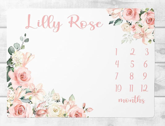 UnoCo Floral Milestone Blanket Girl, Lily and Roses Baby Month Blanket, Personalized Baby Girl Shower Gift, Girl Name