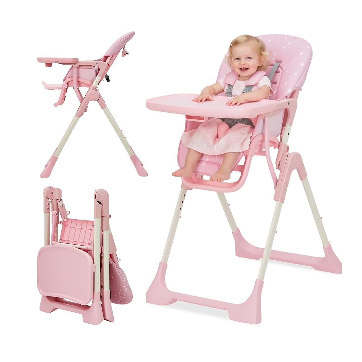 PeacefulHues Pink Foldable High Chair with Adjustable Height and Tray