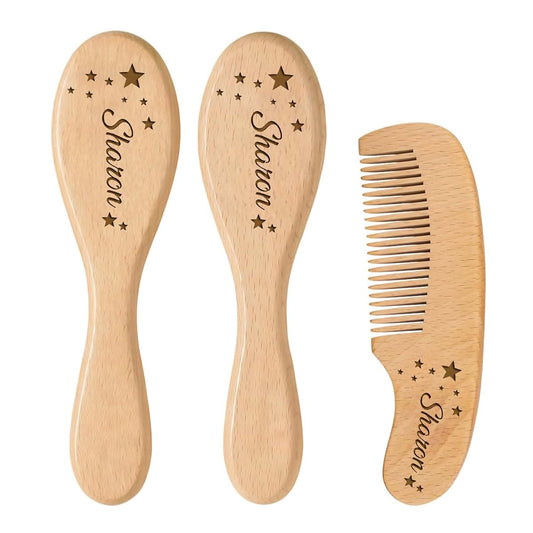 BFBZYME Personalized Baby Hairbrush Set with Name and Star Pattern, 3Pcs Custom Wooden Goat Hair Brush & Comb, Newborn