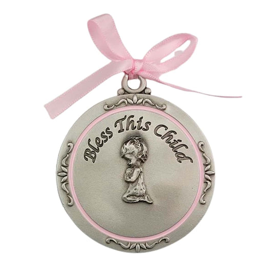 Bless this child crib medal Girl Crib Medal pink ribbon Round 2 3/4 great gift baby shower by "McVan, Inc."