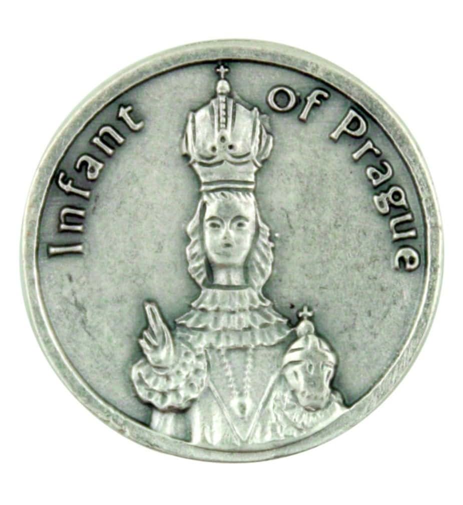 Infant of Prague Silver Tone Pocket Token with Prayer