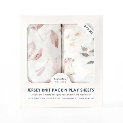 Grssder Pack N Play Fitted Sheets 2 Pack - Jersey Knit Floral And Animal Print