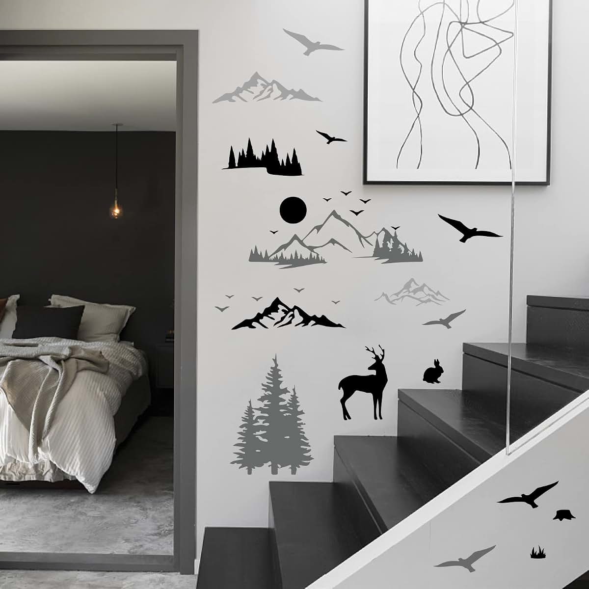 Superdant Forest Deer Wall Decals With Mountain Sun Theme For Nursery