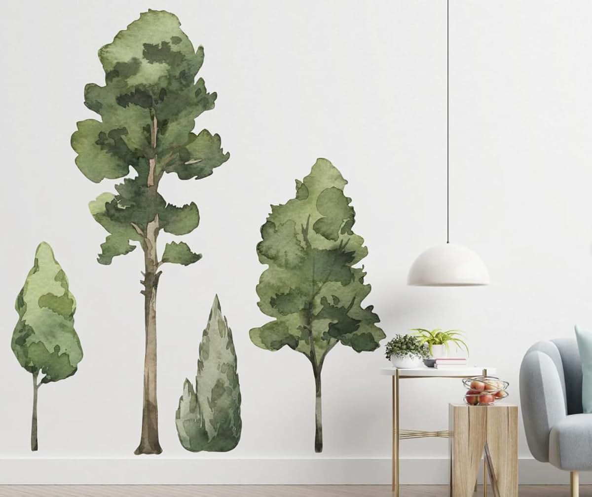 Large Watercolor Trees Wall Decals Set With Forest Animals