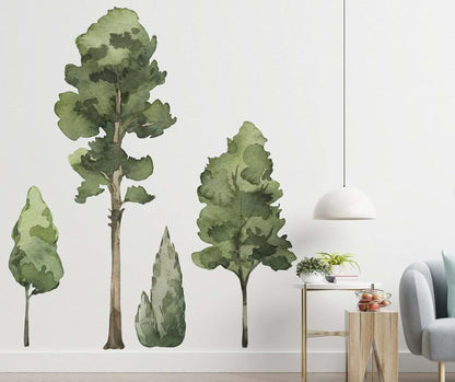 Large Watercolor Trees Wall Decals Set With Forest Animals