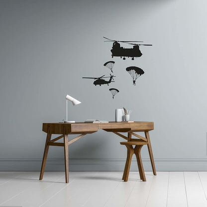 All Things Valuable Helicopter Parachute Military Swat Team Army Men Soldier Wall Sticker Art Decal for Boys Girls Room